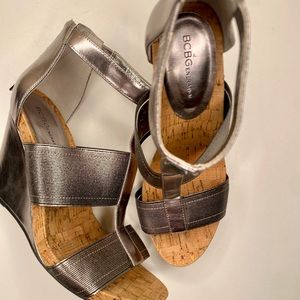 BCBG Silver Wedge Sandals. Size 8 ½